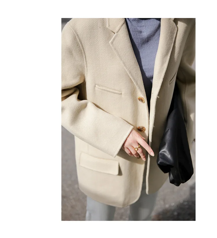 autumn and winter suit collar woolen coat female retro solid color handmade double-sided woolen coat