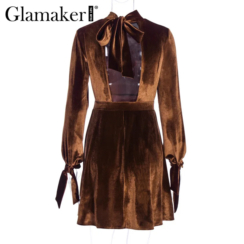Glamaker бархатное сексуальное короткое платье с открытой спиной, осеннее платье с высоким воротом и бантом на шнуровке, Женское зимнее платье с рукавами-фонариками