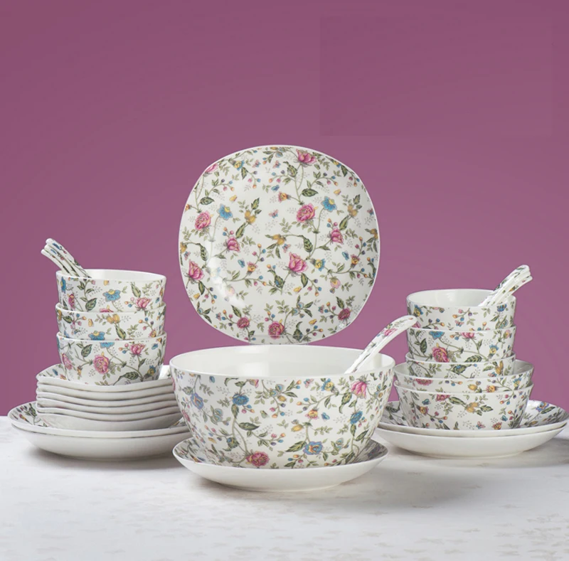 

28pcs set, fine bone china square design dining set, porcelain dishes and plates sets, ceramic chaffing dish and bowl, spoon