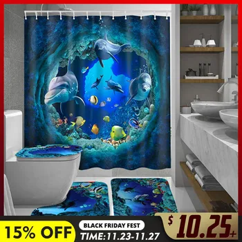

Meigar Ocean Dolphin Deep Sea Polyester Shower Curtain Bathroom Waterproof with Hooks Pedestal Rug Lid Toilet Cover Bath Mat Set
