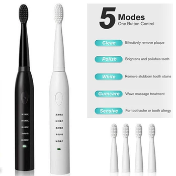 

Powerful Sonic Electric Toothbrush Rechargeable USB 5 Mode Ultrasonic Toothbrush Automatic Teeth Brush 4 Replacement Head Adults