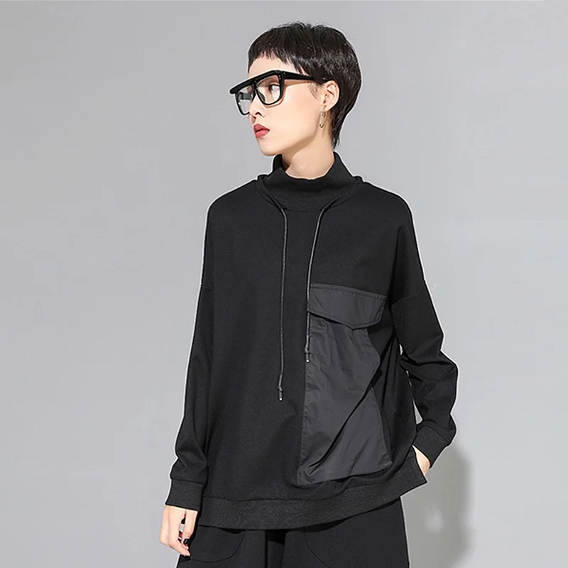 Осенне-зимняя корейская модная блуза со вставкой женские Лоскутные карманы Водолазка с длинным рукавом Свободные повседневные уличные Топы - Цвет: Black