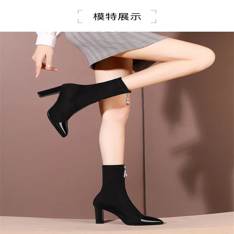 Зимние ботинки; женские ботинки из флока; botines mujer; элегантные рабочие ботинки до середины икры с острым носком на квадратном каблуке и на молнии