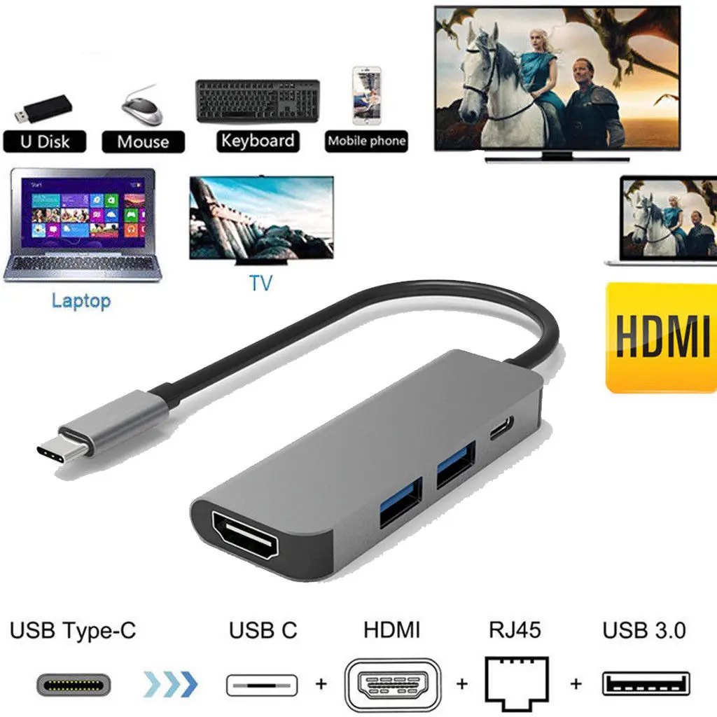 

Type-C To HDMI Usb Four-In-One Docking Station Pd Power Tv Projector Multi-Function 4K Converter External Accessories