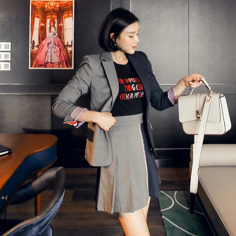 

2019 Spring New Style Korean-style Elegant Mixed Colors Suit Jacket-Style Suit Pleated Short Skirt Business Suit