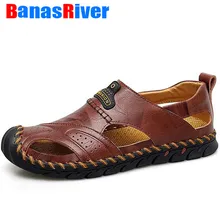 Новинка; мужские кожаные пляжные сандалии; летняя Уличная обувь для мужчин; дышащие повседневные кроссовки ручной работы; прогулочная обувь без застежки