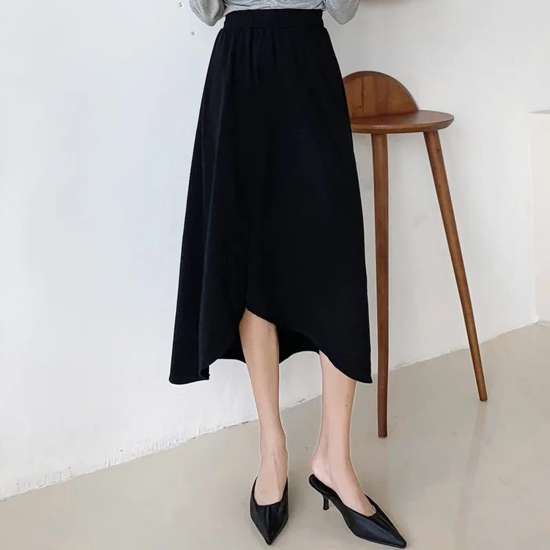 

Autumn Winter 2019 Joker Korean Women's Solid Casual Skirt Irregular Hem Stitching Stretch High Waist Skirt Female