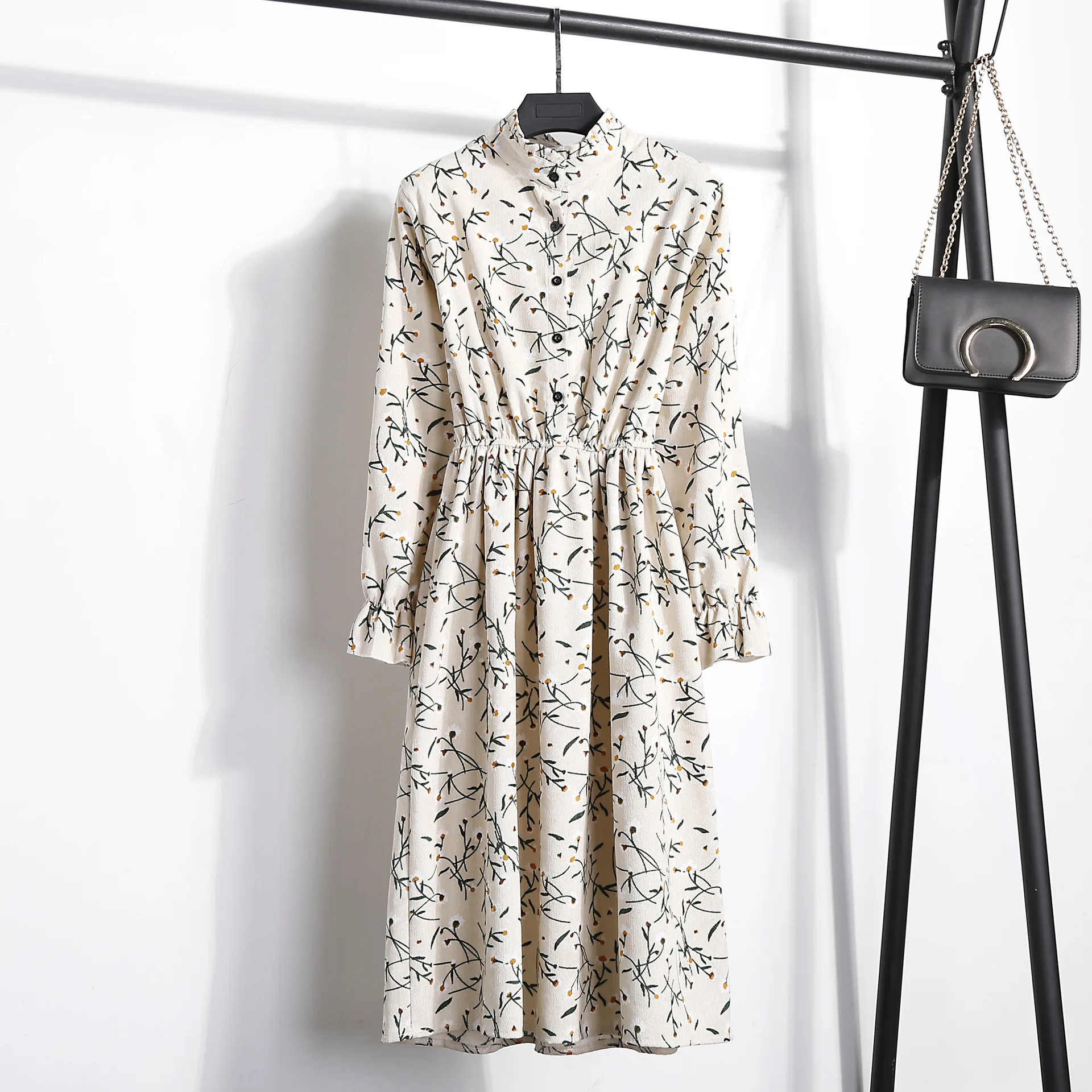 Брендовое качественное плотное осенне-зимнее платье в стиле ретро с цветочным принтом и стоячим воротником, вельветовое платье с длинным рукавом, женское повседневное теплое платье миди - Цвет: BH7136 A20