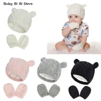 1 Set Baby Hat and Mittens Set Kids Knitted Cotton Beanie Cap Winter Warm Boys Girls Double Pompom Hats Gloves 1