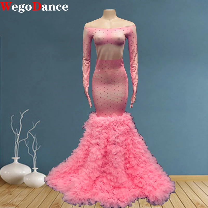 

New Pink Rhinestone Long Tail Dress Lady Wedding Evening Gown Formal Party Birthday Singer Performance Wear
