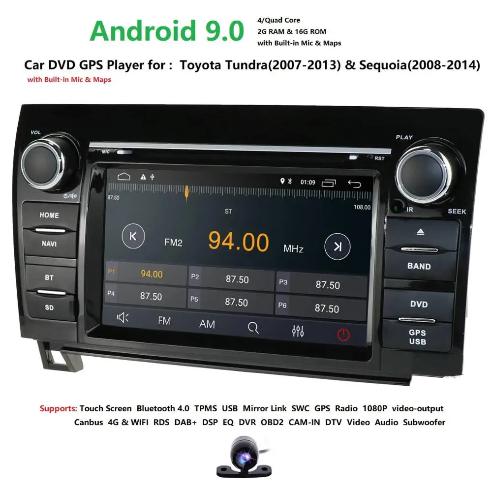 2G ram 16G rom Android 9,0 Автомобильный DVD Радио стерео плеер для Toyota Tundra Sequoia четырехъядерный gps-навигация с RDS DSP рулевое колесо