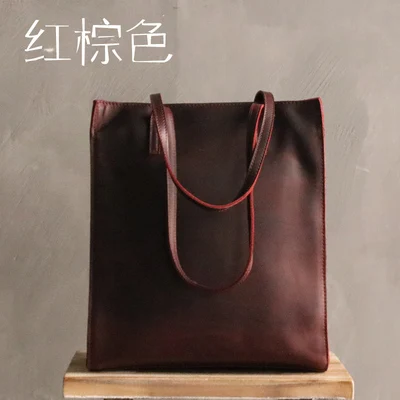 Red brown Настоящая Crazy Horse кожаная дизайнерская женская сумка из воловьей кожи, сумка на плечо, большая модная повседневная сумка-тоут, женская сумка на плечо, Сумка с верхней ручкой - Цвет: Red brown