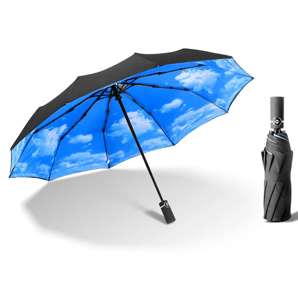Sky blue High Quality Fully-automatic Umbrella Men Rain Woman Double Layer 3 Folding Business Gift Umbrella Windproof Sun Umbrellas - Color: Sky blue