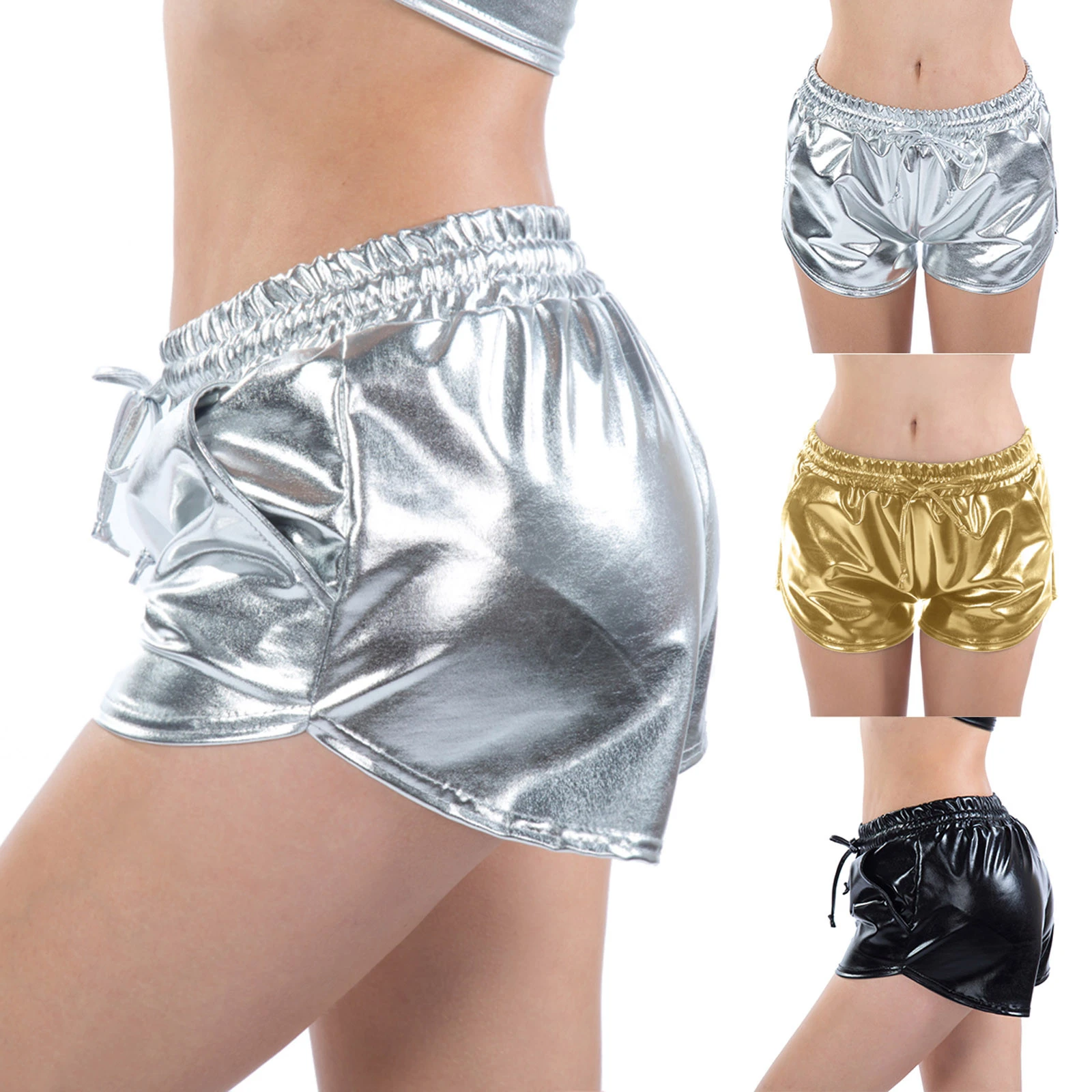 Pantalones cortos de para mujer, pantalón corto cuero para baile y Rave metálico brillante, Sexy, de cintura alta|Conjunto de sujetador y braga| - AliExpress
