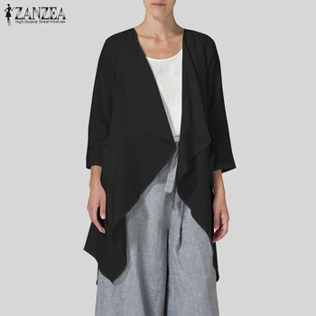 

ZANZEA Women Summer Open Front 3/4 Sleeve Cardigan Cotton Linen Blouse Elegant Work OL Shirts Solid Blusas Femininas Top Chemise