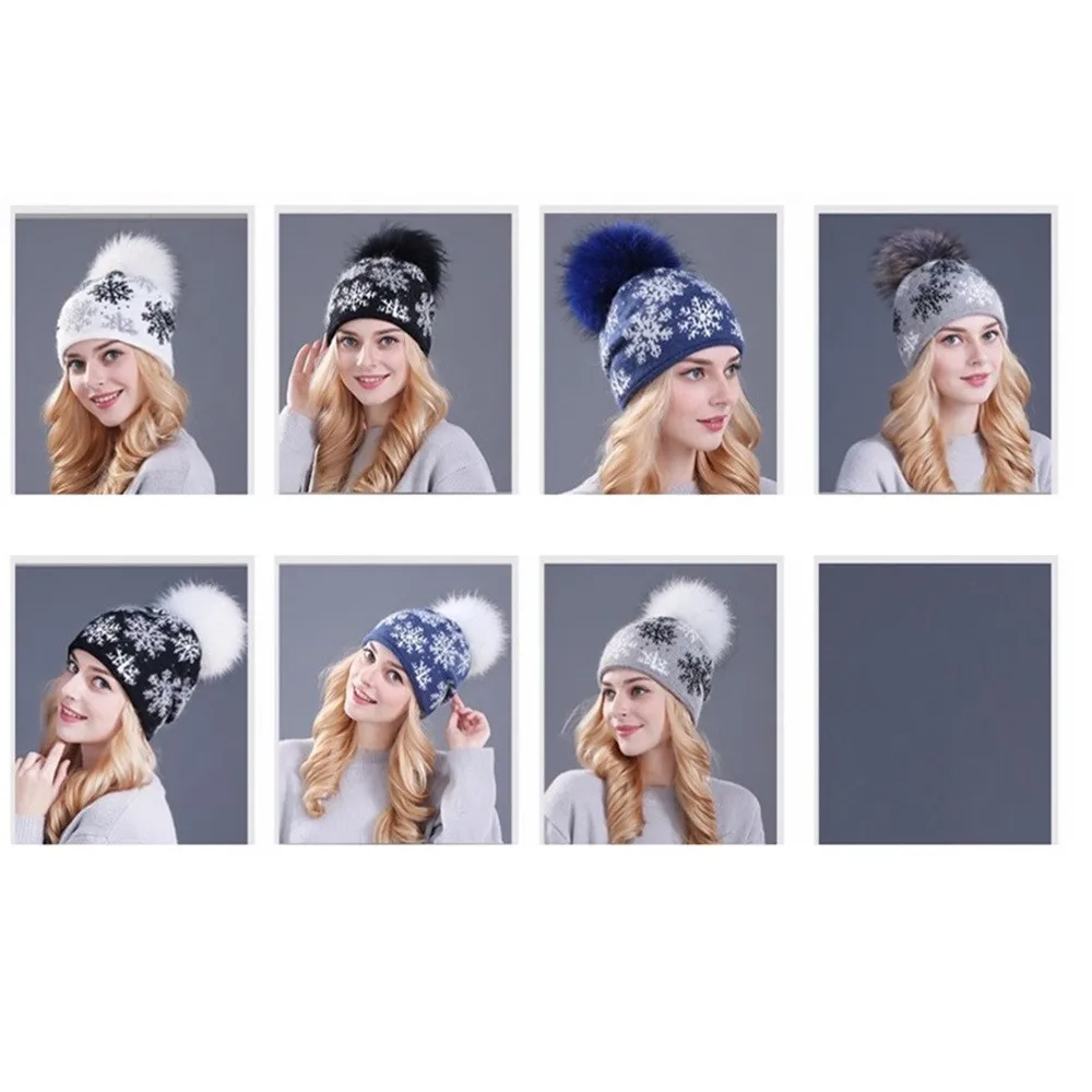 new Thick Wool Pom Pom Winter Hat Female Hat Leather Natural Fur Fashion Warm Knit Women Winter Beanie Bean Hat 30H