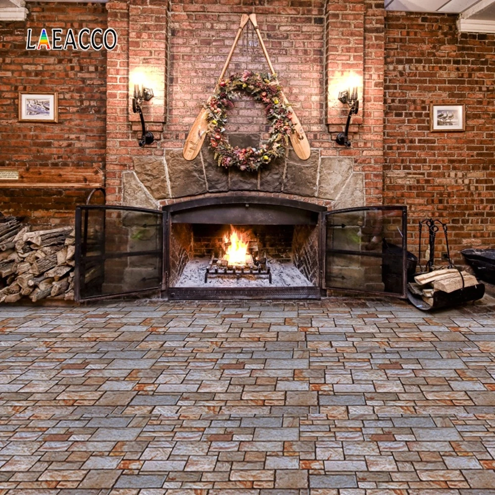 

Laeacco Christmas Garland Brick Wall Fireplace Wood Photography Backgrounds Customized Photographic Backdrops For Photo Studio
