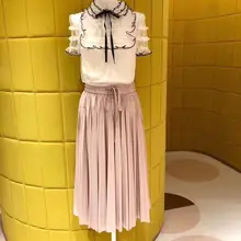 Плиссированная Женская юбка миди Повседневная шикарная розовая эластичная высокая Талия Милая Дамская до середины икры Дамская длинная юбка