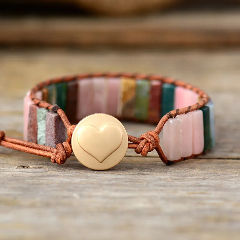 Women Bracelet Jewelry Natural Pink Opal Stone Tube Beads Leather Wrap Bracelet Girlfriend Gifts