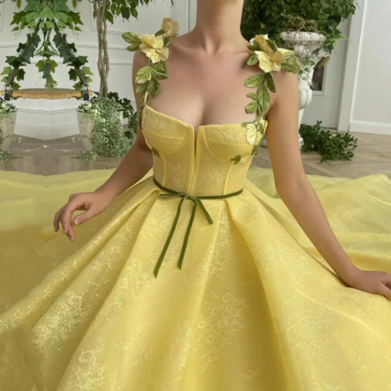 

Eightale New Yellow Prom Dresses Spagehtti Strap Flowers A-Line Backless Lace Custom Made Evening Gown Party Graduation Dress