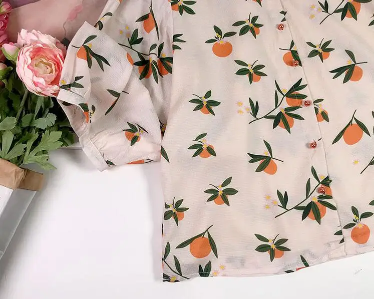 Женская рубашка маленькая свежая оранжевая с фруктовым принтом маленькая с v-образным вырезом свободная рубашка