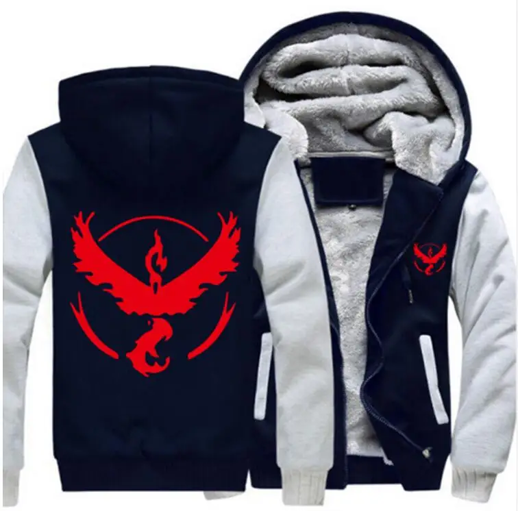 Мужские толстовки с капюшоном, размеры США, Pokemon Go Team Valor Team Mystic Team Instinct, Зимние флисовые свитшоты на молнии, плотное пальто, куртка