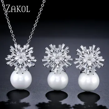 

ZAKOL Top Quality Silver Color AAA+ Cubic Zirconia Flower Women Big Pearl Necklace Pendant and Earrings Jewelry Sets FSSP3067