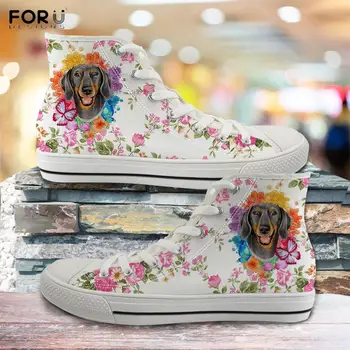 

FORUDESIGNS Cute 3D Floral Dog Dachshund Pattern High Top Canvas Shoes Women Female+Sneakers Casual Fashion Ladies Shoes Breath