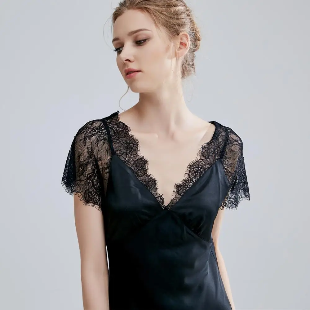 Women Lace Satin Silk Long Dress Deep V Neck Summer Nightdress Sexy Elegant Sleepwear Nightgown Night Skirt