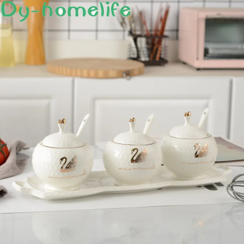 

Nordic Drawing Golden Swan Ceramic Seasoning Pot with Tray 3 Pack Kitchen Home Seasoning Salt Sugar Pepper Powder Storage Tank