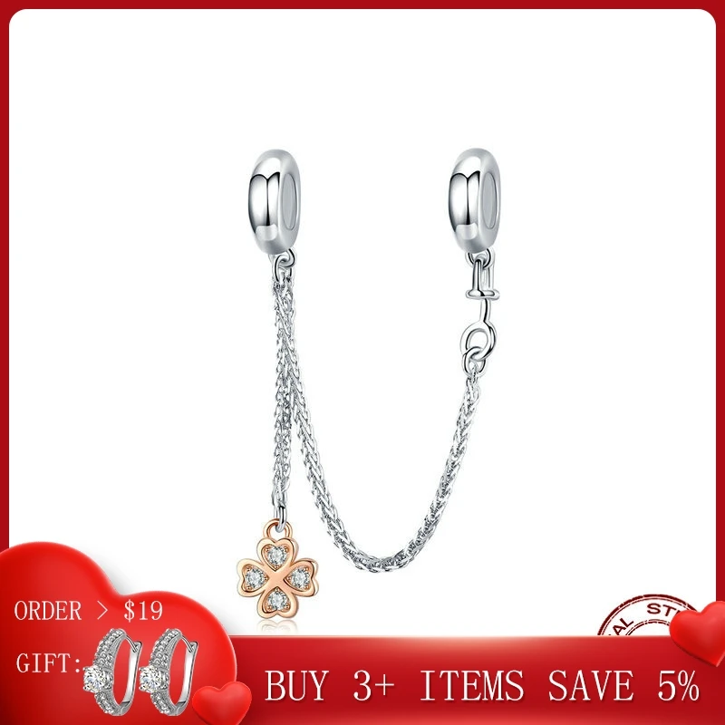 

Four Leaf Clover Safety Chain Charm with Silicone for Women Bracelets 925 Sterling Silver Rose Gold Color Jewelry CMC1261