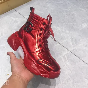 

YeddaMavis Martin Boots Red Warm Winter Boots Women Boots New Women Shoes Patent Leather Boots Lace Up Short Boots Womens Shoes