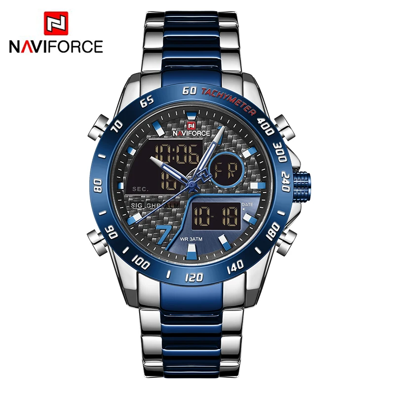 NAVIFORCE Для мужчин спортивные часы класса люкс Военный Для мужчин s Модные наручные часы с двойным Дисплей цифровой Водонепроницаемый часы Relogio Masculino - Цвет: Silver Blue