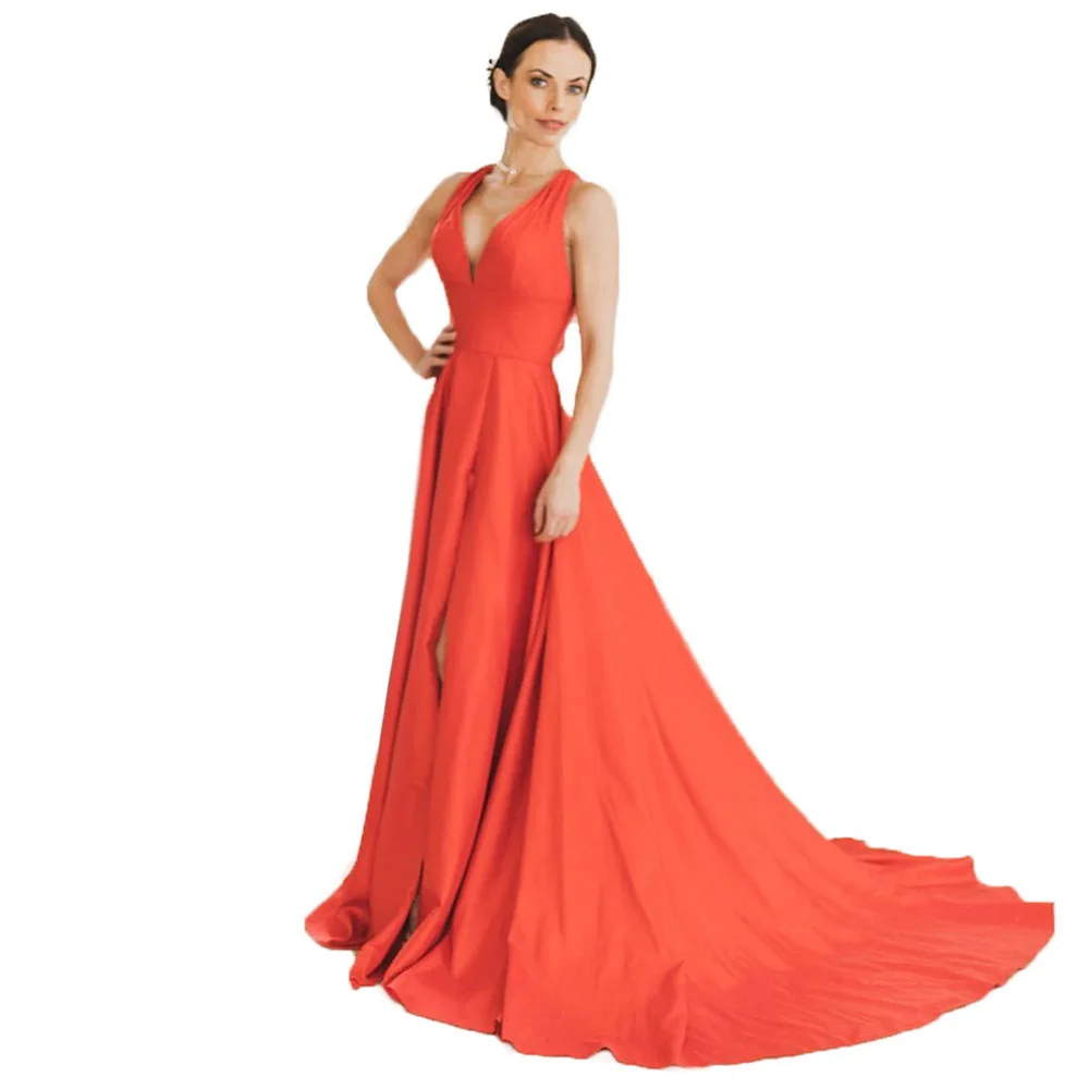 Coral HONGFUYU Chiffon Simple Prom Dresses A-line V Neck Formal Evening Gowns with Slit Sleeveless Party Dress Vestidos Court Train - Цвет: Coral