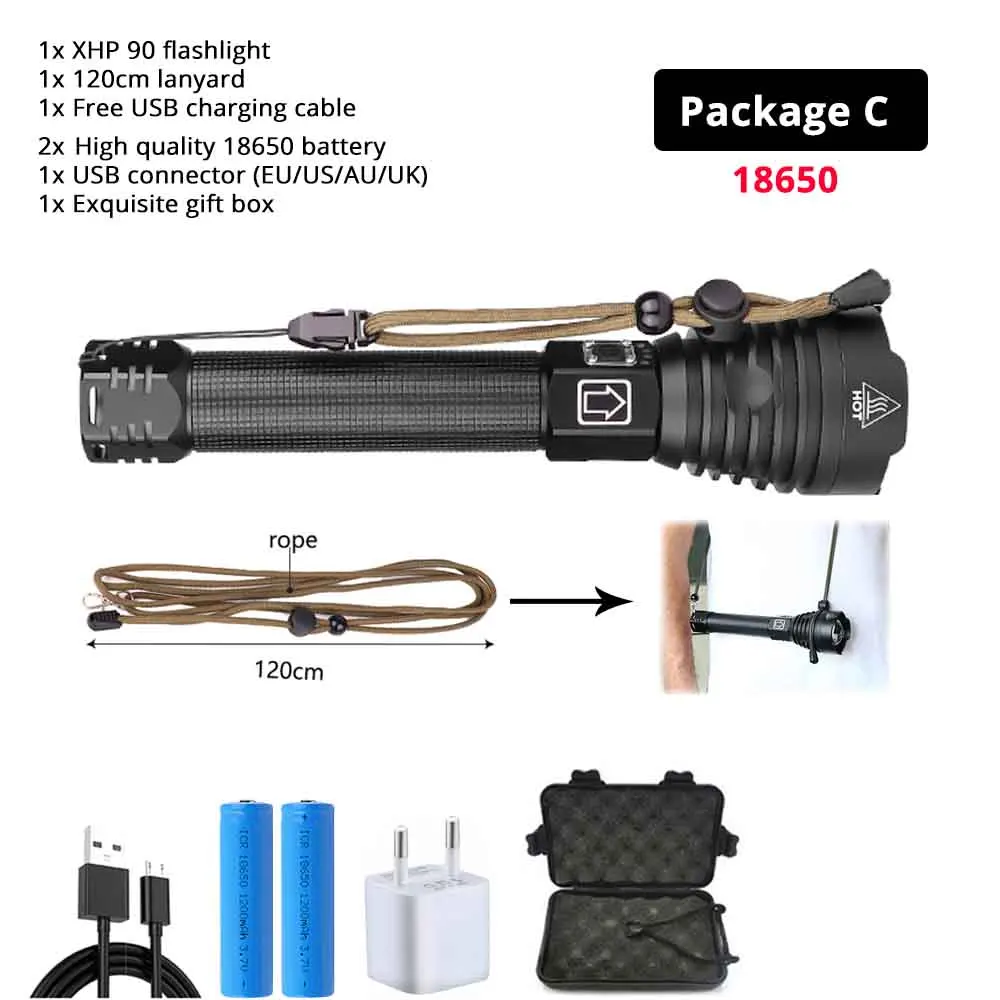 18650-Package C Перезаряжаемый светодиодный светильник-вспышка самый мощный тактический фонарь XHP90 водонепроницаемый масштабируемый охотничий светильник с батареей 18650 или 26650 - Испускаемый цвет: 18650-Package C