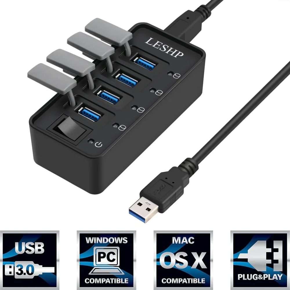 4 порта USB 3,0 концентратор Высокоскоростной 5 Гбит/с USB 3,0 концентратор данных разветвитель со светодиодами и переключателем внешний адаптер питания для ПК ноутбука