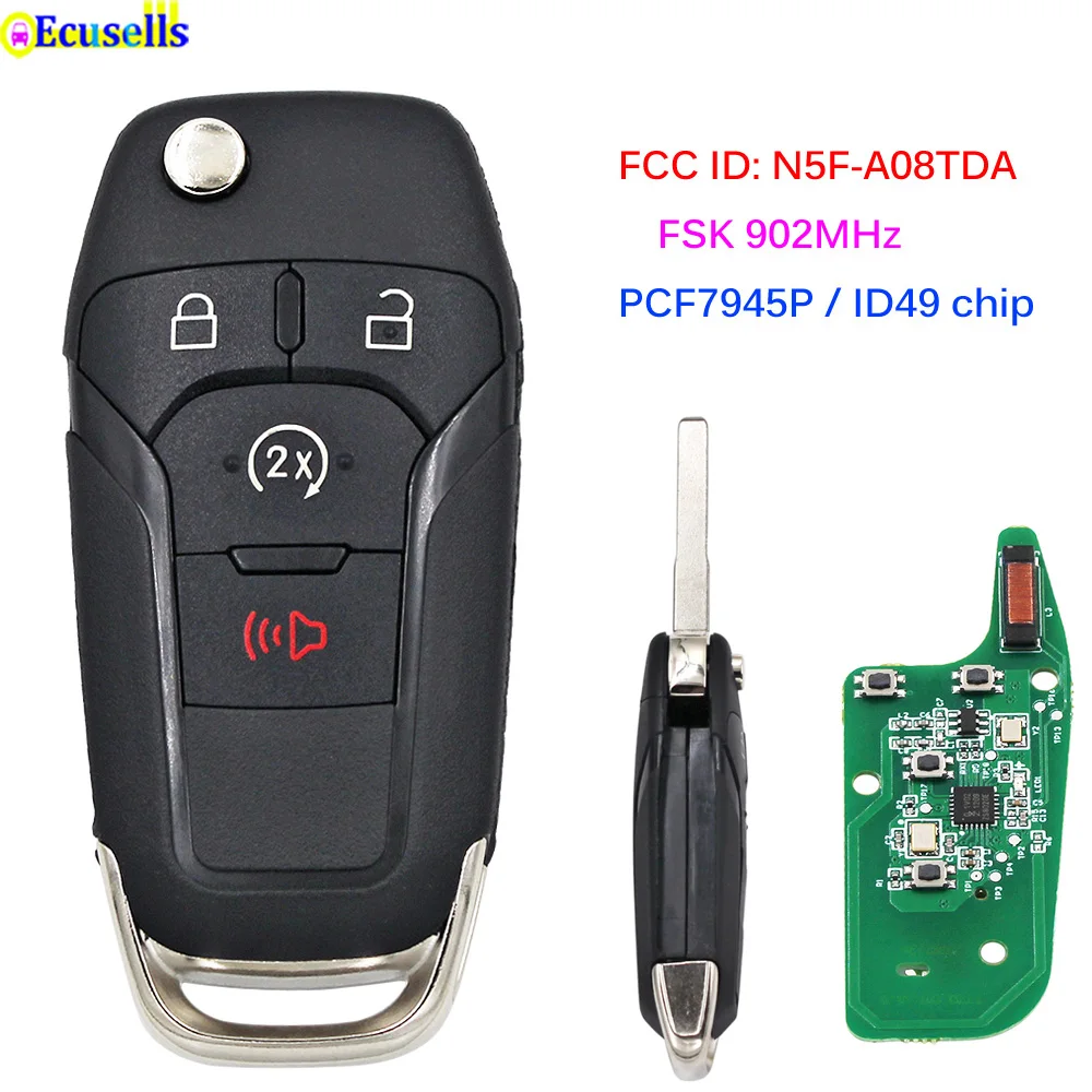 Car Remote Key Flip Remote Key FSK 902MHz PCF7945P/HITAG 49 Chip For Ford F150 F250 F350 F450 F550 Raptor Ranger Fusion FCC ID N5F-A08TDA HU101