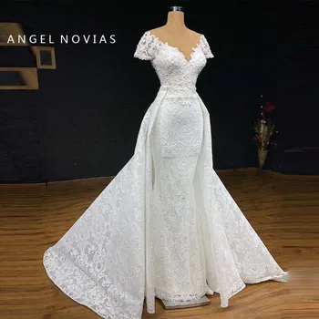 

Long White Lace Mermaid Boho Wedding Dresses 2019 with Detachable Skirt Bridal Gown voile mariage robe de mariee