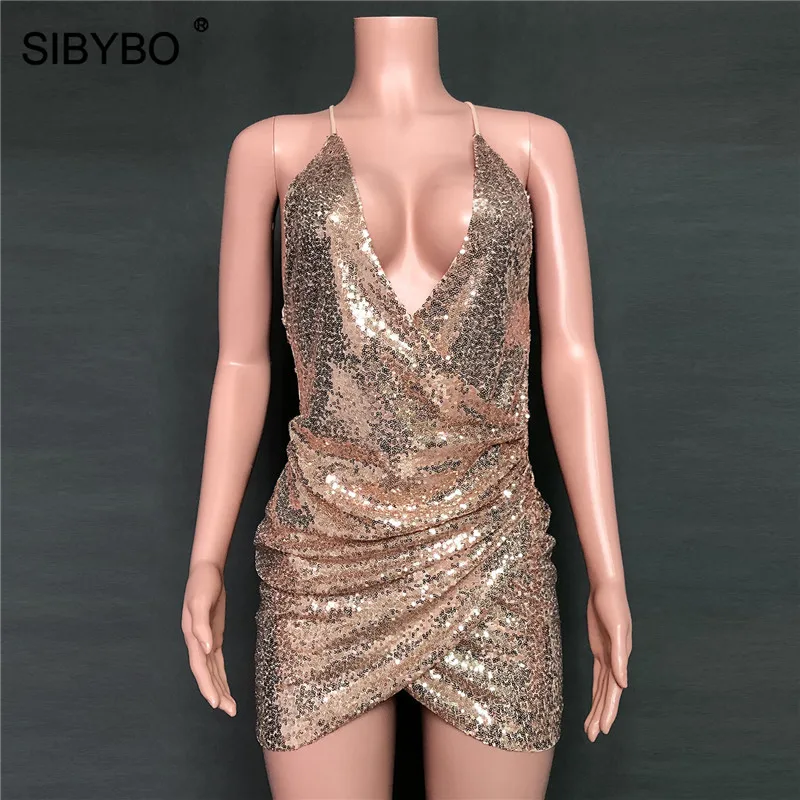 SIBYBO/мини-Вечерние Платья с глубоким v-образным вырезом и блестками, женское сексуальное платье с бретельками на спине, Клубное пляжное повседневное летнее платье с открытой спиной