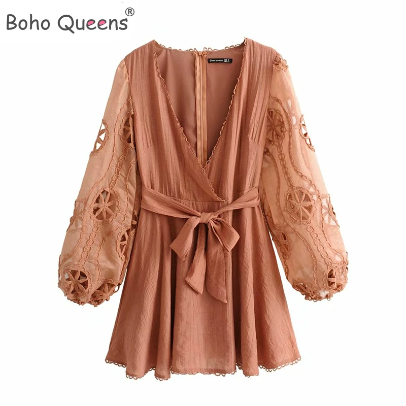 Boho королев для женщин Хиппи кружева из кусков v образный вырез богемный мини