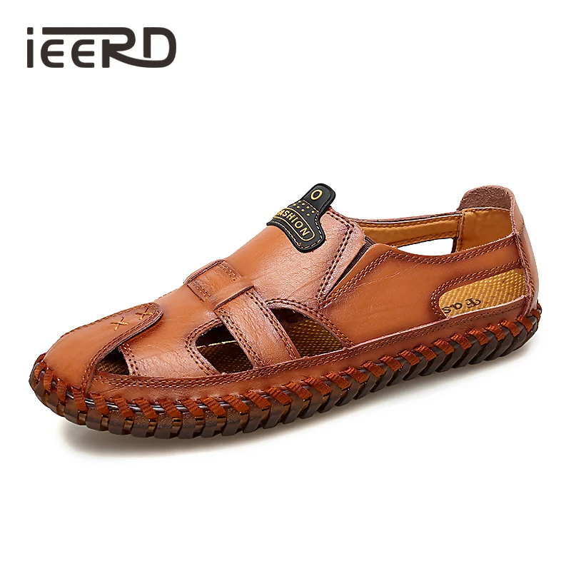 

Breathable Split Leather Men Sandals Hand-made Summer Beach Sandals Protective Outdoor Sandals