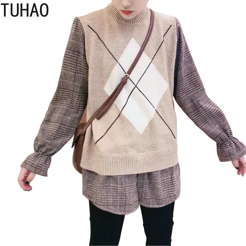 TUHAO, Осень-зима, женские вязаные свитера, пуловеры, водолазка, длинный рукав, имитация двух частей, свитер, женская одежда HC143
