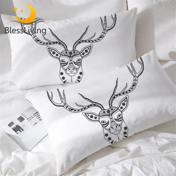 

BlessLiving Abstract Deer Pillow Cases Set of 2 Retro Aztec Geometric Print Elk Pillowcases Black and White Pillow Cover 50x75cm