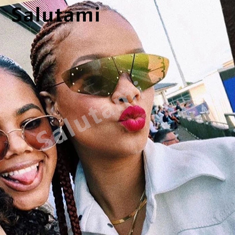 Vintage One Piece Cat Eye Sunglasses For Women Luxury Brand Oversize Square Sun Glasses Men Alloy Big Eyewear Gold Mirror