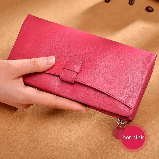Long Hot Pink Женский кошелек из овечьей кожи, высокое качество, натуральная кожа, женские длинные кошельки и короткие кошельки, женский кошелек, розовый, синий, черный, зеленый, фиолетовый - Цвет: Long Hot Pink