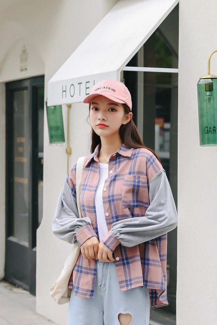 Женские летние рубашки Kawaii Ulzzang, милая Свободная рубашка в клетку, Женская милая Туника Harajuku, милый Топ для женщин