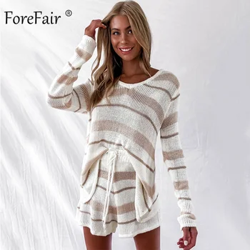 

Forefair Striped Knitted Two Pieces Set Women Crop Tops Long Sleeve Elegant Short Pants Pink Loose Summer 2 Piece Set Women