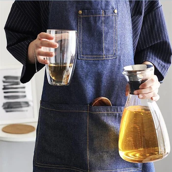 

Fashion Korean Jean Apron Unisex Restaurant Kitchen 2 Pockets Cooking Dress Aprons Bibs Kitchen Accessory