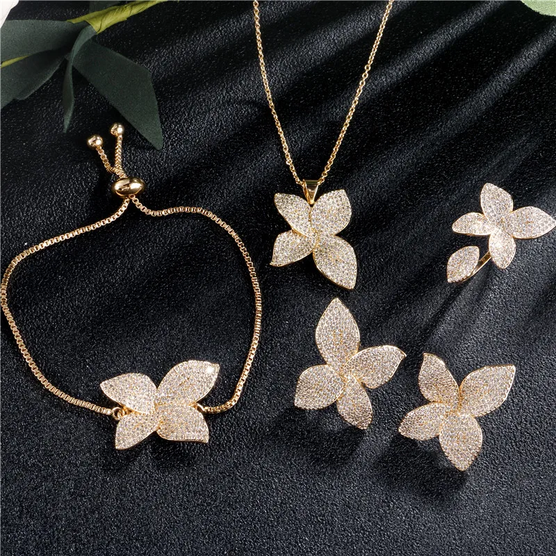 4 pcs set Gold Color ZAKOL Роскошные AAA кубический циркон микро паве цветок серьги кольцо браслет ожерелье набор для женщин Свадебные ювелирные изделия FSSP3077 - Окраска металла: 4 pcs set Gold Color