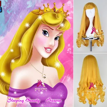

Movie Sleeping Beauty Anime For Aurora Princess 75cm Long Yellow Blonde Curly Celebrity Cosplay Wig+Wig Cap